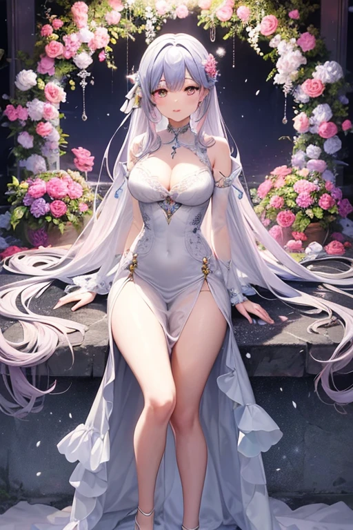 花畑に座るシースルーの白いドレスを着たwoman, Ethereal and dreamy, Ethereal beauty, a stunning young Ethereal figure, dreamy and Ethereal, Ethereal!!!!!!!, Ethereal fairytale, Beautiful maiden, Pale, snow-white skin, Ethereal!!!, by Torii Kiyomoto, Fairy Core, very Ethereal, extremely beautiful and Ethereal、there is a bouquet of Flowers that is sitting on a chair, colorful Flowers bouquet, bouquets, ❤🔥🍄🌪, bouquet, colorful Flowers, Bright and soft colors, colorfulなパステル, 明るいpastel colour, 明るいpastel colour, pastel colour, colorful pastel, beautiful Flowers, 美しいcolorful, Flowers!!!!, colorful, With beautiful colors, 🌸 🌼 💮、壁に立っている青いドレスを着たwoman, Translucent dress, transparent gray dress, sexy gown, Narrow waist, long gown, Long dress female, Overall view, Fantasy Dress, Low Cut Dress, Open dress, wearing long gown, See-through dress, fantasy long intricate gown, Long dress, gown, wearing an evening gown, woman, ゴージャスなwoman