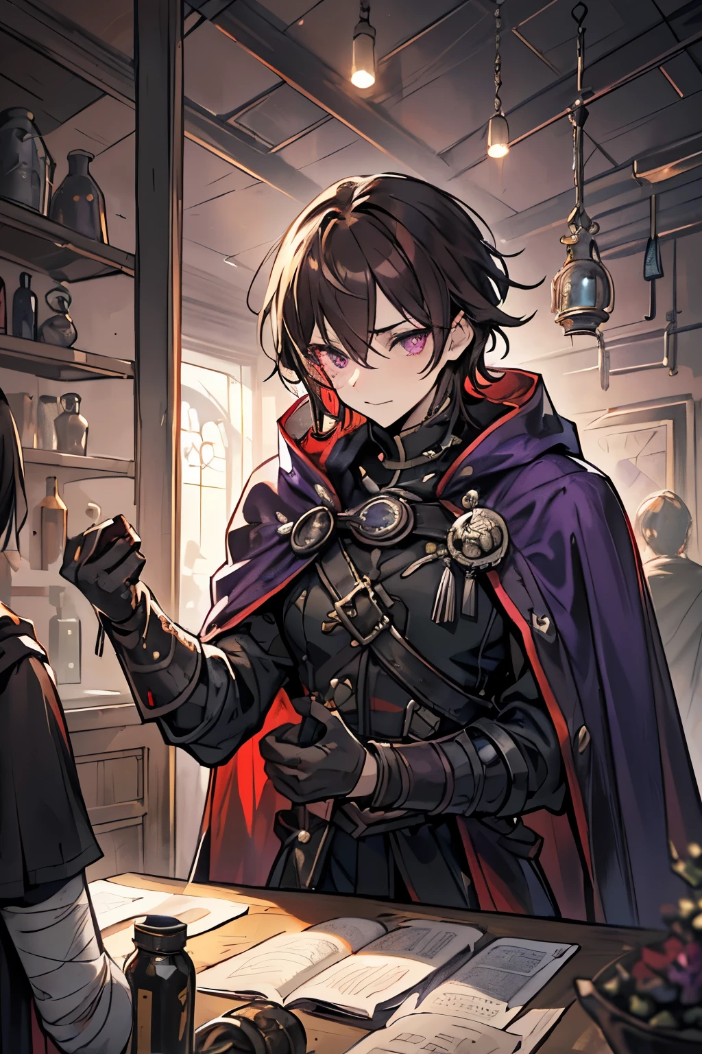 (masculine, man, boy, masculine person, guy),  adult, man, (dungeon diver, dungeon delver, helldiver, dungeon), (purple eyes, plum eyes, lavender eyes), renaissance, renaissance style, renaissance outfit, frilly, suit, black suit, (ash dark brown hair, fluffy hair), cloak, frontliner, Physically strong, Getting out of the most absurd situations, ex-knight, poor, thin, bandages, bruised, damaged, scarred, damaged outfit, entertainer, happy, enthusiastic, Thomas Reicher, toodoloo, glass breaking, tweakin, red cloak, red highlights, red trims, yellow, germany, yellow trims