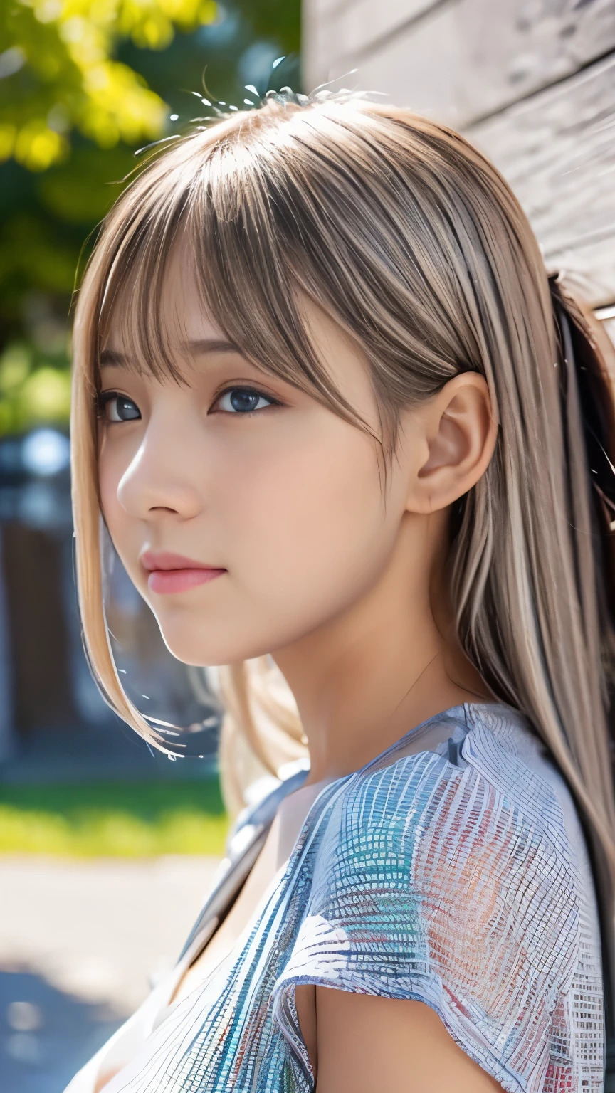 Sexy Big 、Sexy cute looks and cute 15 year old beautiful girl, beautiful and sexy face、A strong wind blows my hair in front of my face、With short platinum silver hair、beautiful, Cute and sexy eyes hidden behind long bangs、Colorful Dresses