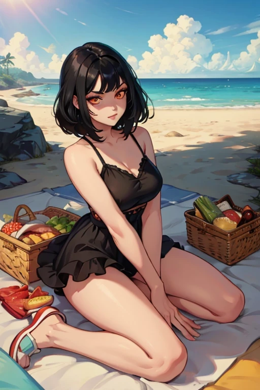 A black haired woman with orange eyes is picnicking at the beach