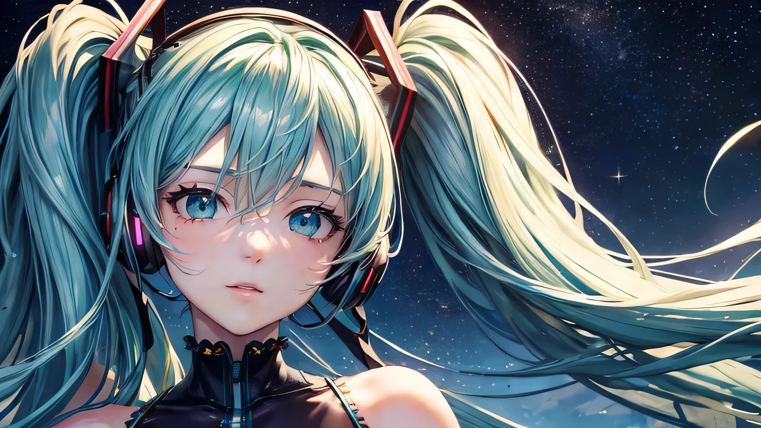 (oil, masterpiece, highest quality, Super detailed, Focus on the characters), Hatsune Miku，Headphones，Detailed facial expression depiction，Detailed hair depiction,([return:0.8]|[ face facing returnwards:1.1]), Super big breasts,([Night starry sky scenario:1.2]|[ ground:1.3]| [High Contrast:1.1])  
