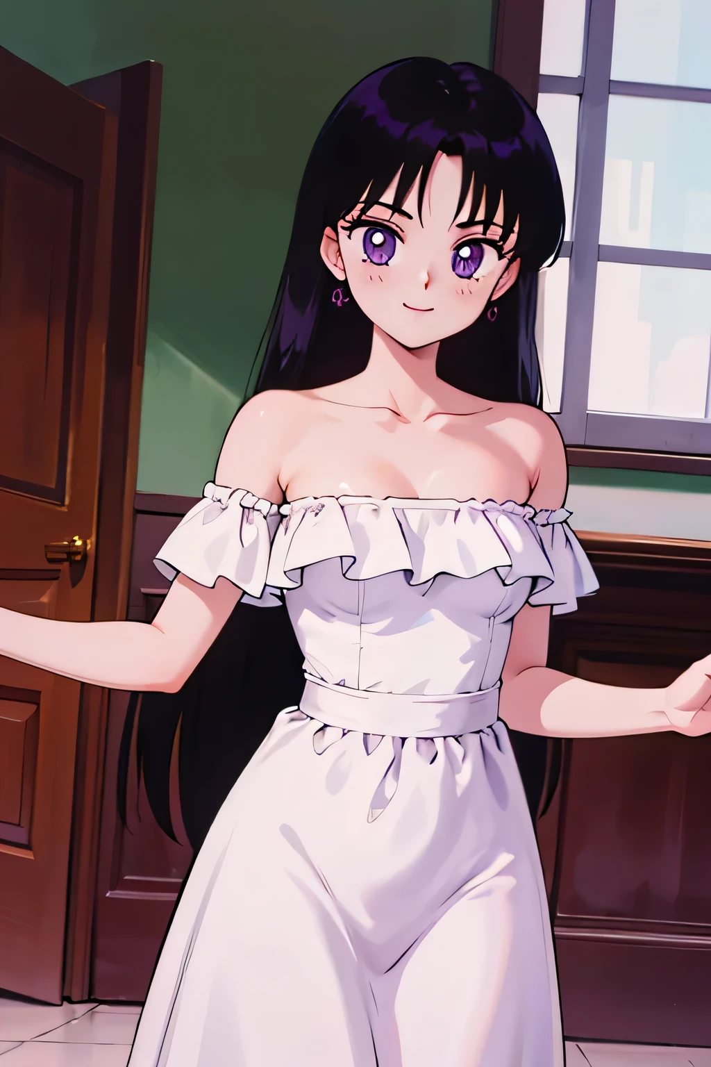 1 girl, solo, Rei Hino, Long Black Hair, Purple eyes, bare shoulders, strapless, off shoulders, white ruffle off the shoulder maxi dress, smile, ballroom, columns, cowboy shot, facing viewer, absurdres, ultra detailed, masterpiece, best quality, Teenager, window of a purple sundown