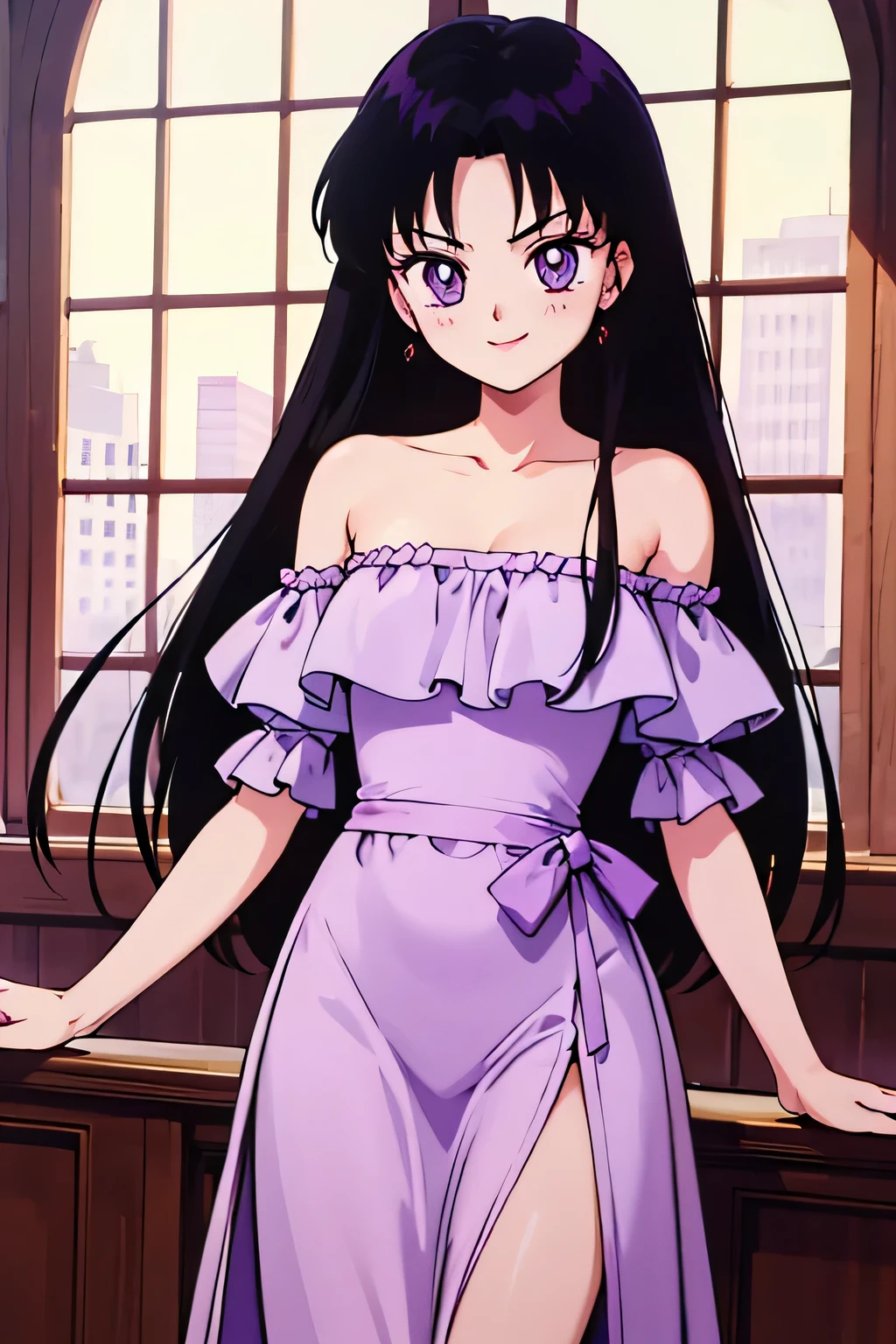 1 girl, solo, Rei Hino, Long Black Hair, Purple eyes, bare shoulders, strapless, off shoulders, white ruffle off the shoulder maxi dress, smile, ballroom, columns, cowboy shot, facing viewer, absurdres, ultra detailed, masterpiece, best quality, r, window of a purple sundown