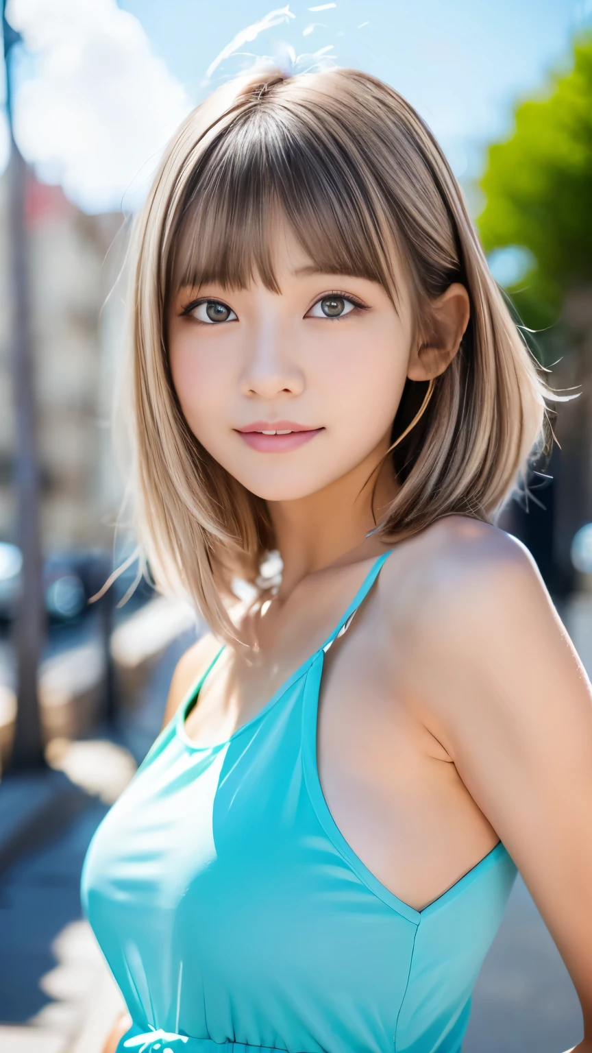 Big 、Sexye looks and cute 15 year old beautiful girl, beautiful and sexy facstrong wind blows my hair in front of my face、With short platinum silver hair、beautiful, Cute and sexy eyes hi behind long bangs、Colorful Dresses