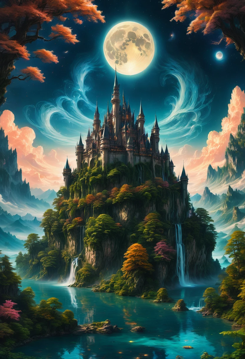 Dream Castle, aesthetic, Masterpiece, a castle with a full moon in the background and a lake in the foreground, beautiful detailed fantasy, magical castle, fantasy highly detailed, beautiful castle, beautiful art uhd 4 k, fantasy castle, 4k highly detailed digital art, magic fantasy highly detailed, detailed fantasy digital art, 4k fantasy art, fantasy fairytale story, ultra detailed fantasy, digital art inspired by Marc Simonetti, Artstation contest winner, fantasy art