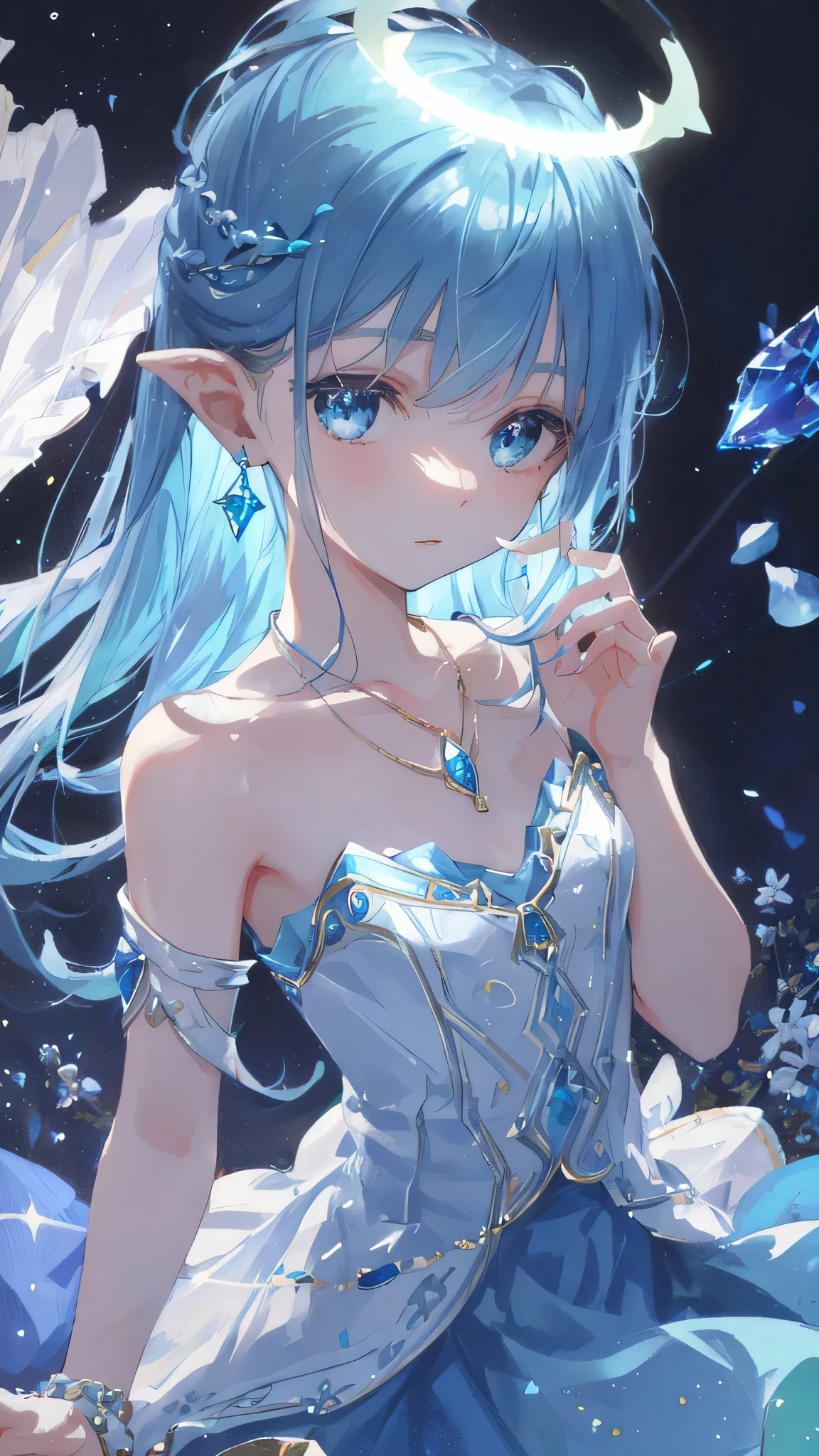 Masterpiece, Essentials, Illustrations, Saxophone Blue, Platinum Earrings, 1Girl, Cute, (Dynamic light: 1.2), cinematic light, delicate facial features, detailed eyes, sharp pupils, realistic pupils, depth of field, background bokeh, clear focus, (super detailed, halo, luminescence: 1.4), many small gems, a crown of gold silk thread intertwined in the ice blue hair, the ears behind the hair have pointed ears, the girl's face is beautiful, a necklace with a blue crystal pendant falls between the collarbones, and then below is a full white chest, wearing a long aqua blue skirt, delicate and gorgeous, the skirt has a small pendant made of various colored gemstones in the style of water drops, in the garden, surrounded by pink flowers, petals fall