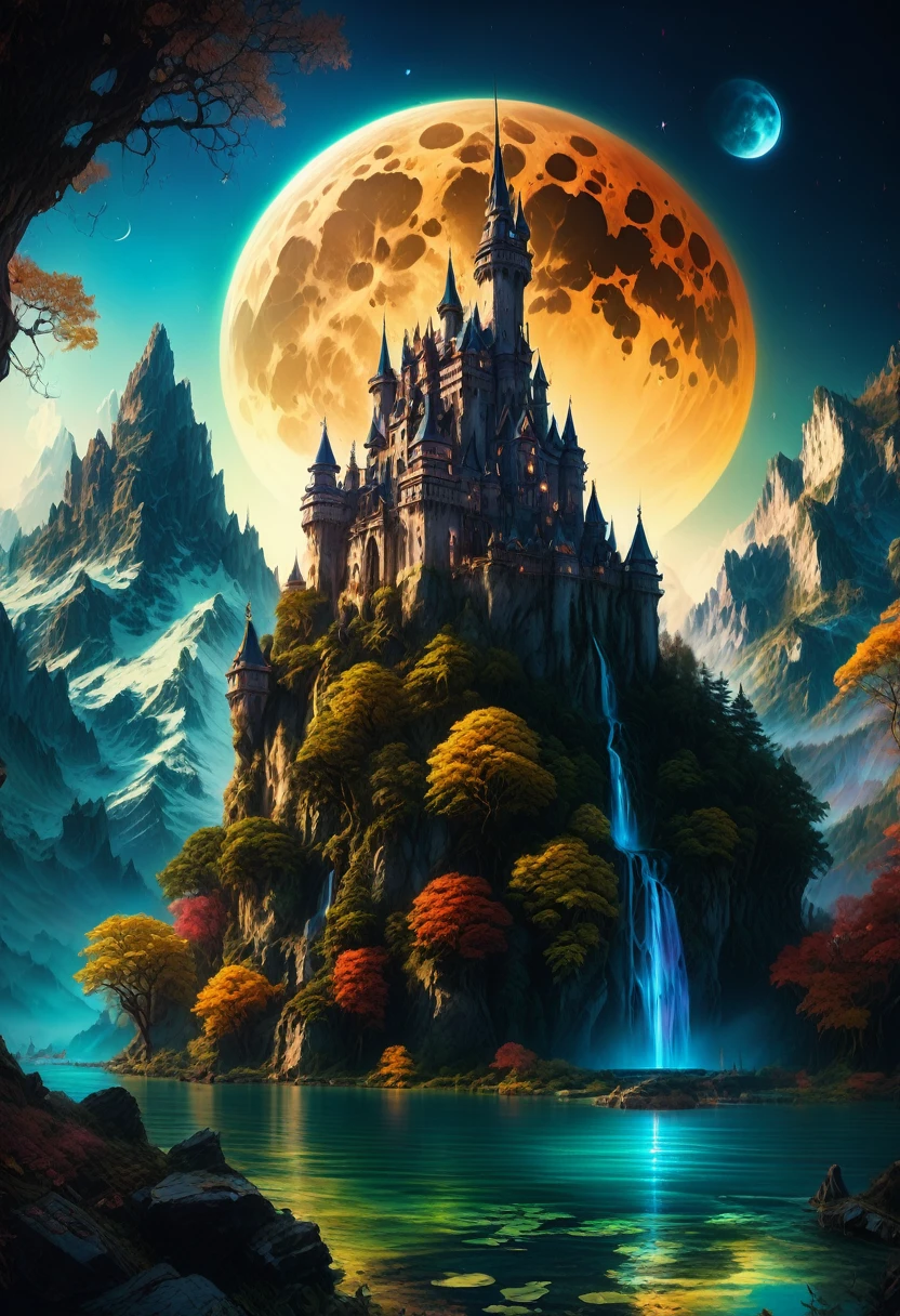Dream Castle, aesthetic, Masterpiece, a castle with a full moon in the background and a lake in the foreground, beautiful detailed fantasy, magical castle, fantasy highly detailed, beautiful castle, beautiful art uhd 4 k, fantasy castle, 4k highly detailed digital art, magic fantasy highly detailed, detailed fantasy digital art, 4k fantasy art, fantasy fairytale story, ultra detailed fantasy, digital art inspired by Marc Simonetti, Artstation contest winner, fantasy art