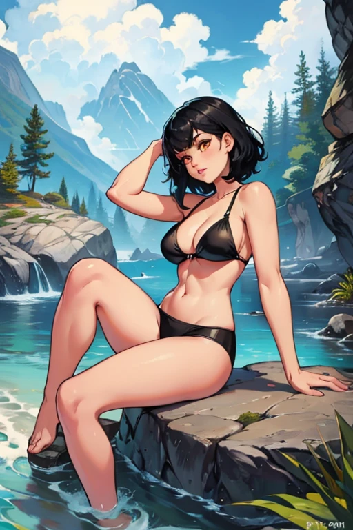 A black haired woman with orange eyes in a cute bikini is sitting on a rock at the bach