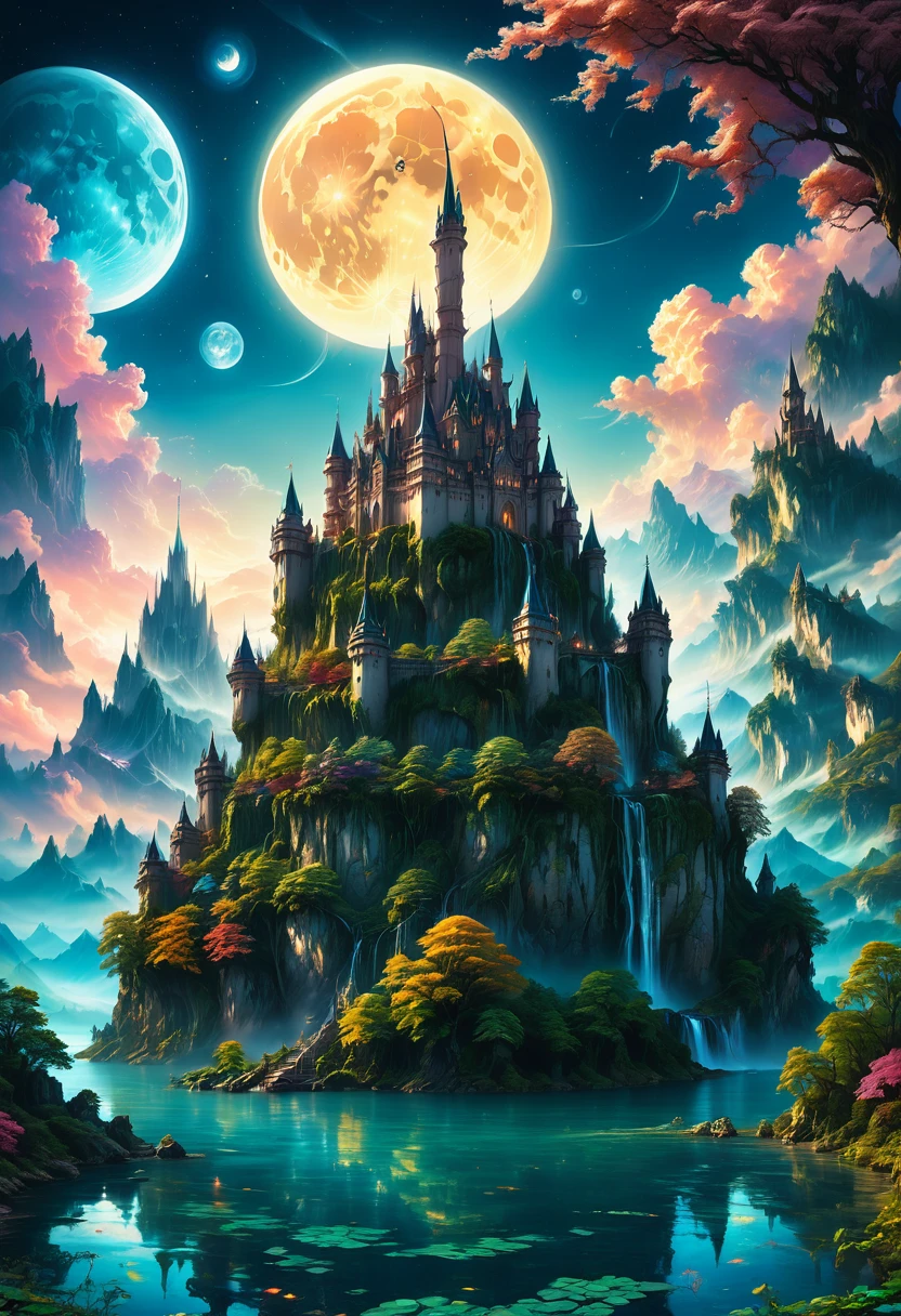 Dream Castle, aesthetic, Masterpiece, a castle with a full moon in the background and a lake in the foreground, beautiful detailed fantasy, magical castle, fantasy highly detailed, beautiful castle, beautiful art uhd 4 k, fantasy castle, 4k highly detailed digital art, magic fantasy highly detailed, detailed fantasy digital art, 4k fantasy art, fantasy fairytale story, ultra detailed fantasy, digital art inspired by Marc Simonetti, Artstation contest winner, fantasy art
