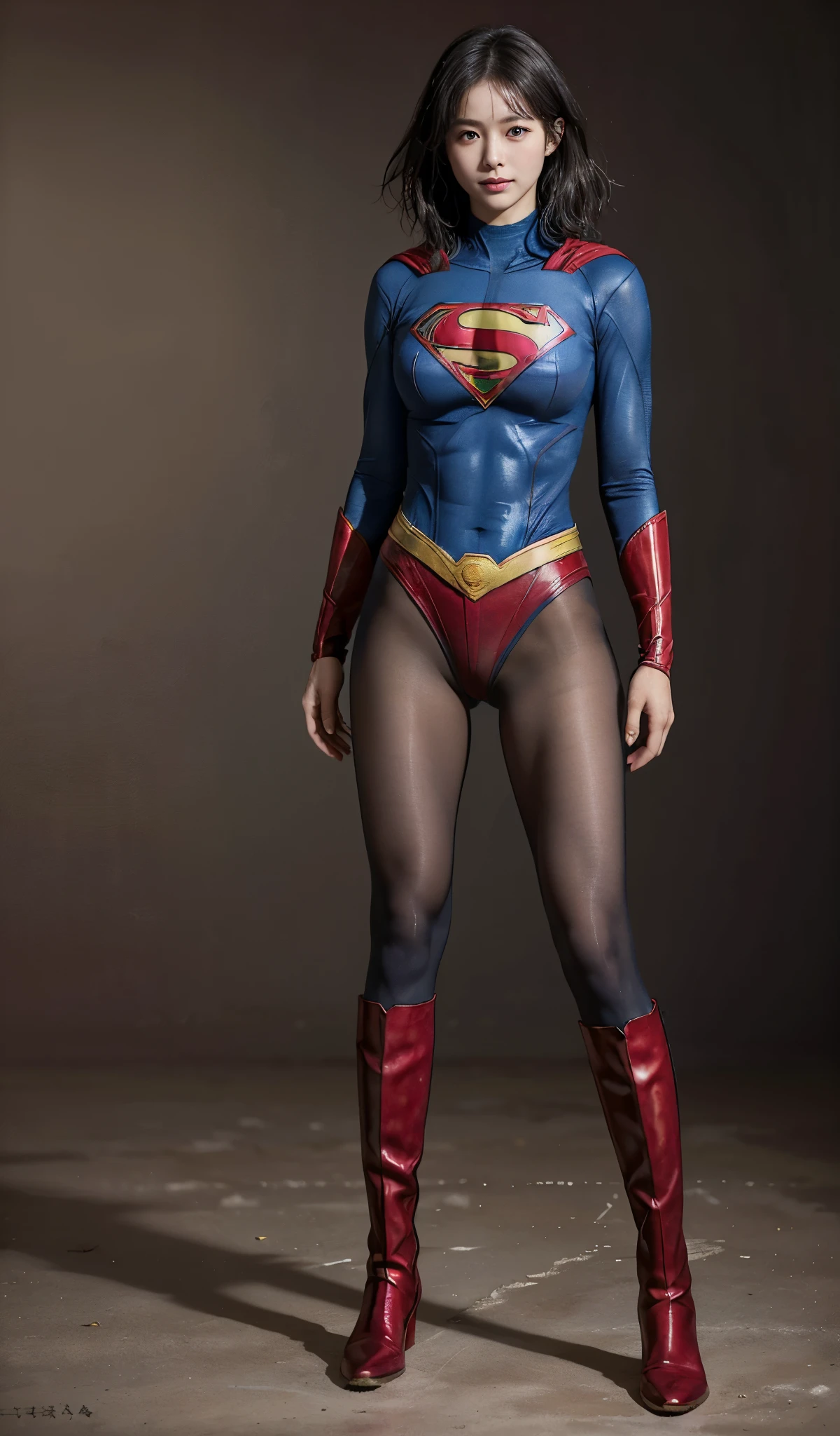 No background、(((Beautiful legs in black tights.)))、(((Legally express the beauty of your smile)))、((((Make the most of your original images)))、(((Supergirl Costume)))、(((Beautiful short bob hair)))、(((suffering)))、(((Please wear black tights....、Wear red boots)))、((Best image quality、8k))、((highest quality、8k、masterpiece:1.3))、(((Preserve background )))、Sharp focus:1.2、Beautiful woman with perfect figure:1.4、Slim Abs:1.2、Wet body:1.5、Highly detailed face and skin texture、8k