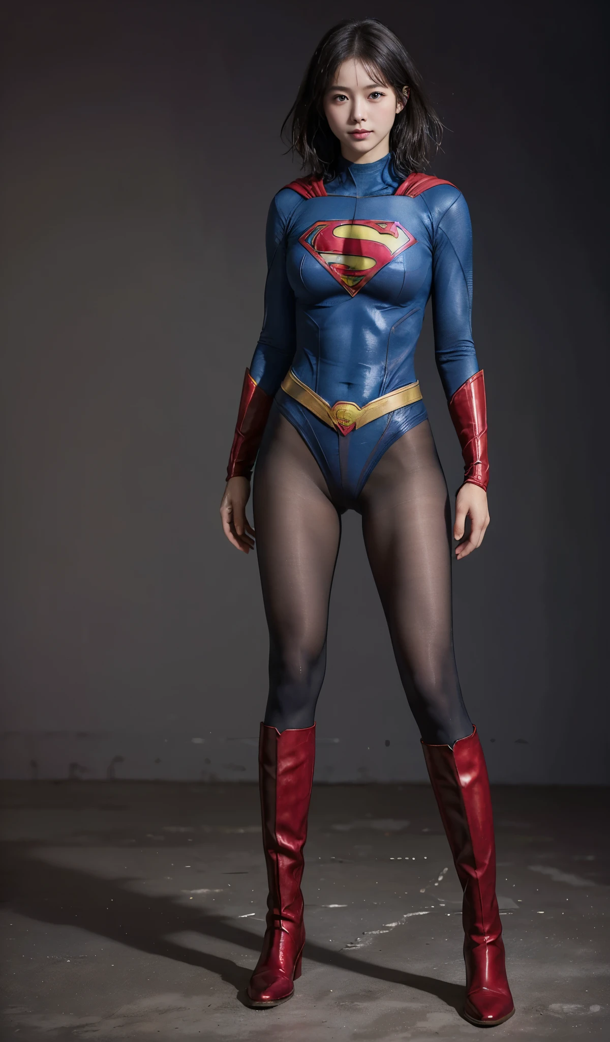 No background、(((Beautiful legs in black tights.)))、(((Legally express the beauty of your smile)))、((((Make the most of your original images)))、(((Supergirl Costume)))、(((Beautiful short bob hair)))、(((suffering)))、(((Please wear black tights....、Wear red boots)))、((Best image quality、8k))、((highest quality、8k、masterpiece:1.3))、(((Preserve background )))、Sharp focus:1.2、Beautiful woman with perfect figure:1.4、Slim Abs:1.2、Wet body:1.5、Highly detailed face and skin texture、8k