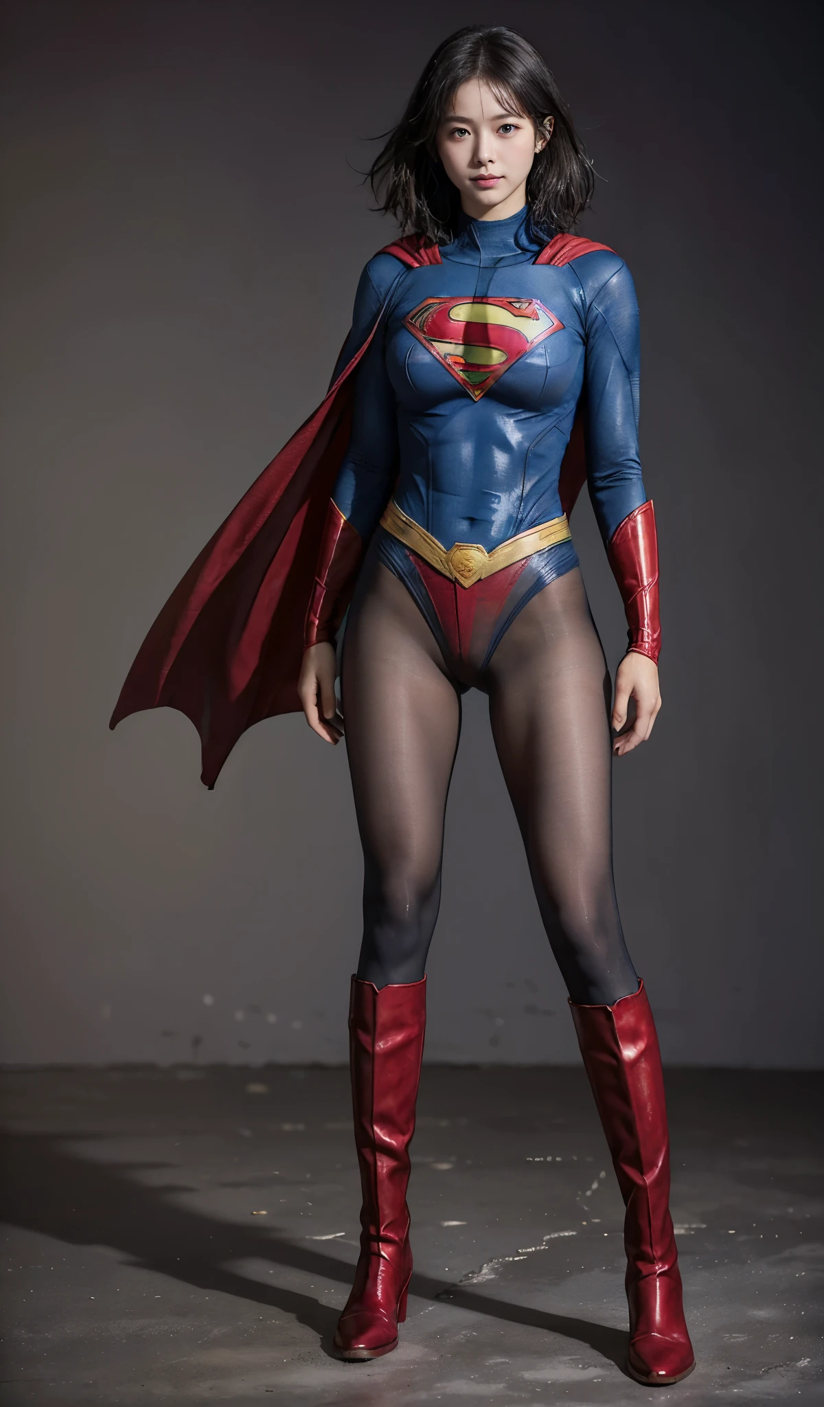 No background、(((Beautiful legs in black tights.)))、(((Legally express the beauty of your smile)))、((((Make the most of your original images)))、(((Supergirl Costume)))、(((Beautiful short bob hair)))、(((suffering)))、(((Please wear black tights....、Wear red boots)))、((Best image quality、8k))、((highest quality、8k、masterpiece:1.3))、(((Preserve background )))、Sharp focus:1.2、Beautiful woman with perfect figure:1.4、Slim Abs:1.2、Wet body:1.5、Highly detailed face and skin texture、8k