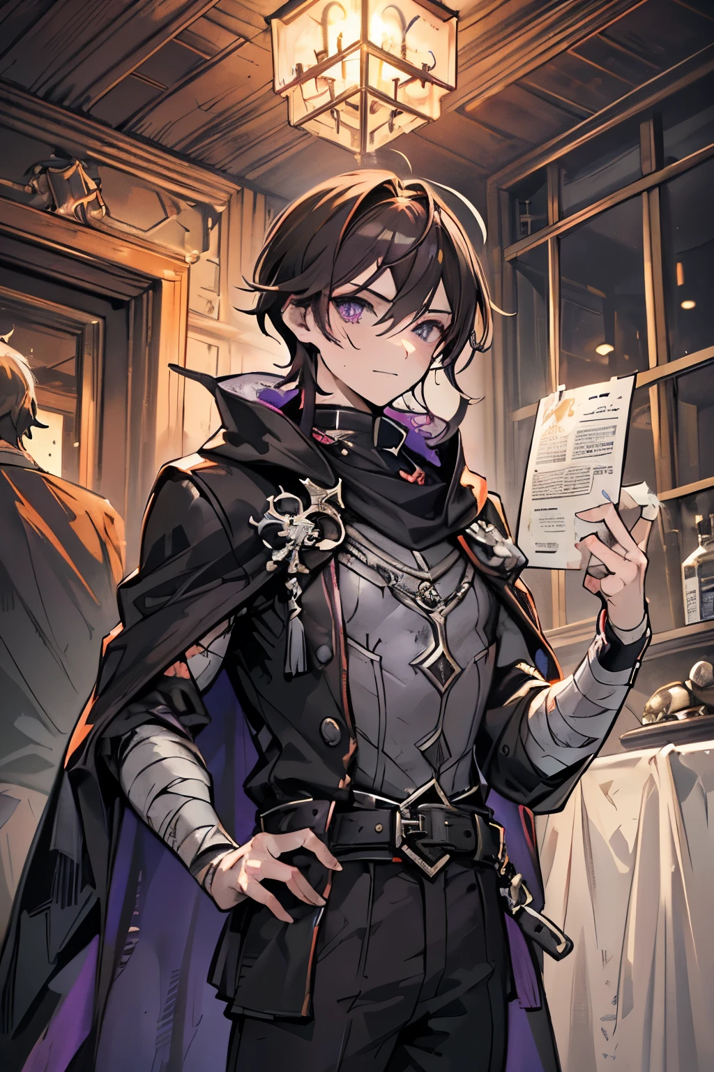 (masculine, man, boy, masculine person, guy), young adult, man, (dungeon diver, dungeon delver, helldiver, dungeon), (purple eyes, plum eyes, lavender eyes), renaissance, renaissance style, renaissance outfit, frilly, suit, black suit, (ash dark brown hair, fluffy hair), cloak, frontliner, Physically strong, Getting out of the most absurd situations, ex-knight, poor, thin, bandages, bruised, damaged, scarred, damaged outfit, entertainer, happy, enthusiastic, Thomas Reicher, toodoloo, glass breaking, tweakin, grey outfit, orange trims