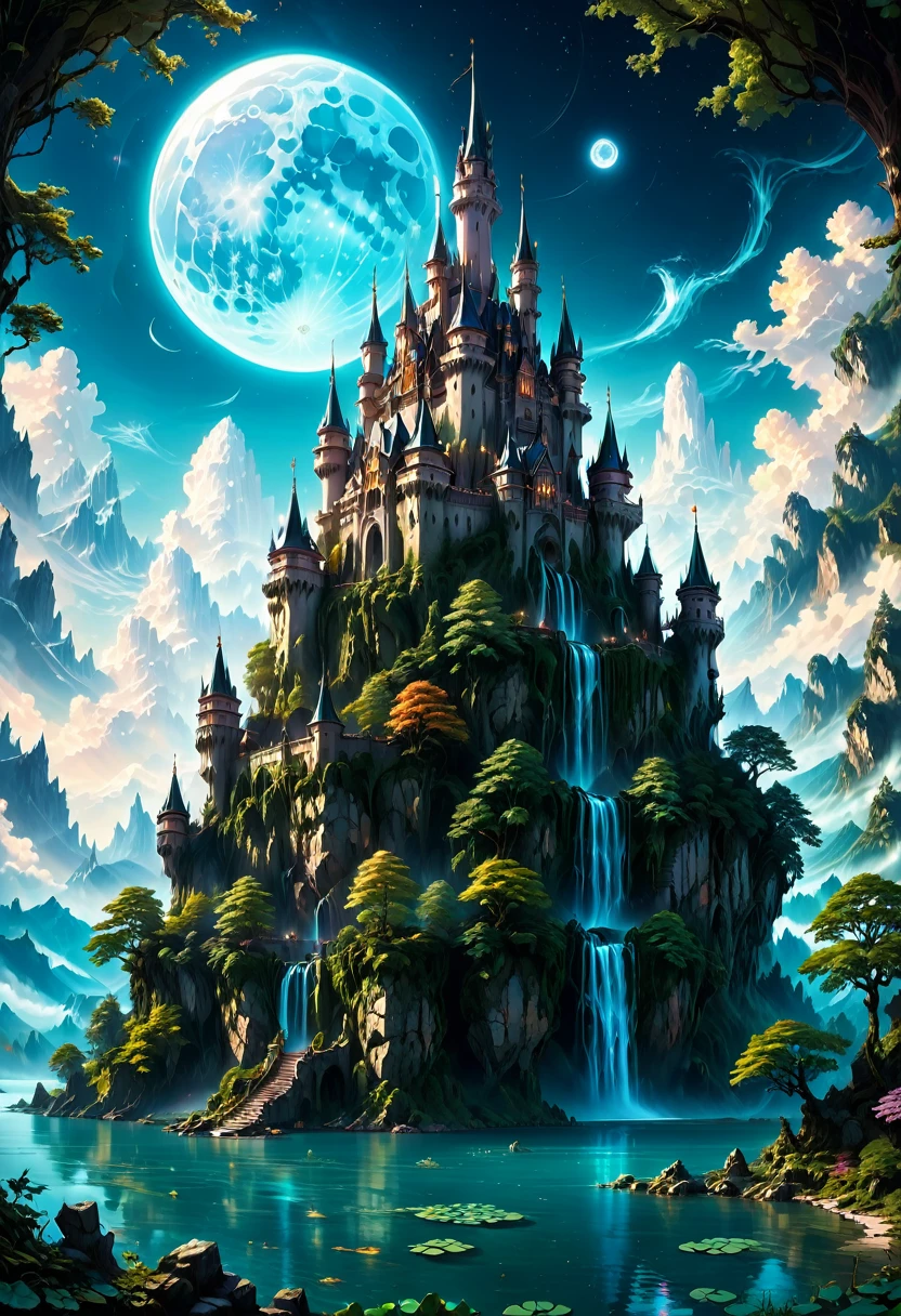 Dream Castle, aesthetic, Masterpiece, a castle with a full moon in the background and a lake in the foreground, beautiful detailed fantasy, magical castle, fantasy highly detailed, beautiful castle, beautiful art uhd 4 k, fantasy castle, 4k highly detailed digital art, magic fantasy highly detailed, detailed fantasy digital art, 4k fantasy art, fantasy fairytale story, ultra detailed fantasy, digital art inspired by Marc Simonetti, Artstation contest winner, fantasy art