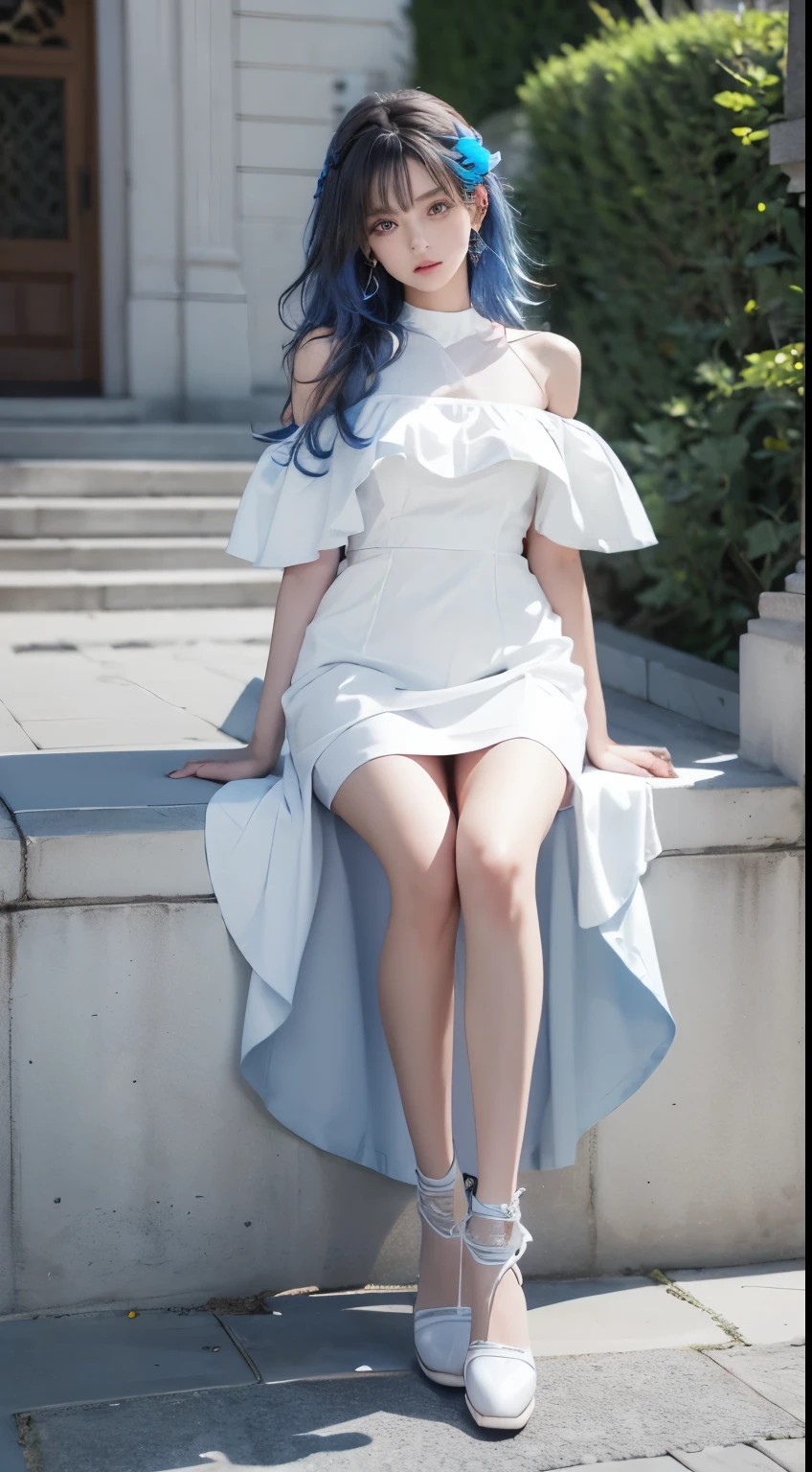(street:1 blue-haired girl,get up,One word, one step+), masterpiece, best quality, RAW photos, Realistically, Face, Incredibly ridiculous Resourcetra Long curly brown hair around the ears),Eyeshadow,Technical clothing,(White off-the-shoulder over-the-knee dress),White off-the-shoulder long dress,(White tight flats,Depth of Field, high resolution, Super detailed, Filigree, RAWE is very detailed, 眼睛和Face部的细节非常丰富, sharp pupils, Realistic students, Lock focus, Movie Lighting,Full body female love,Large,The legs look very long from the front,dynamic poses,Normal posture,Face部特写