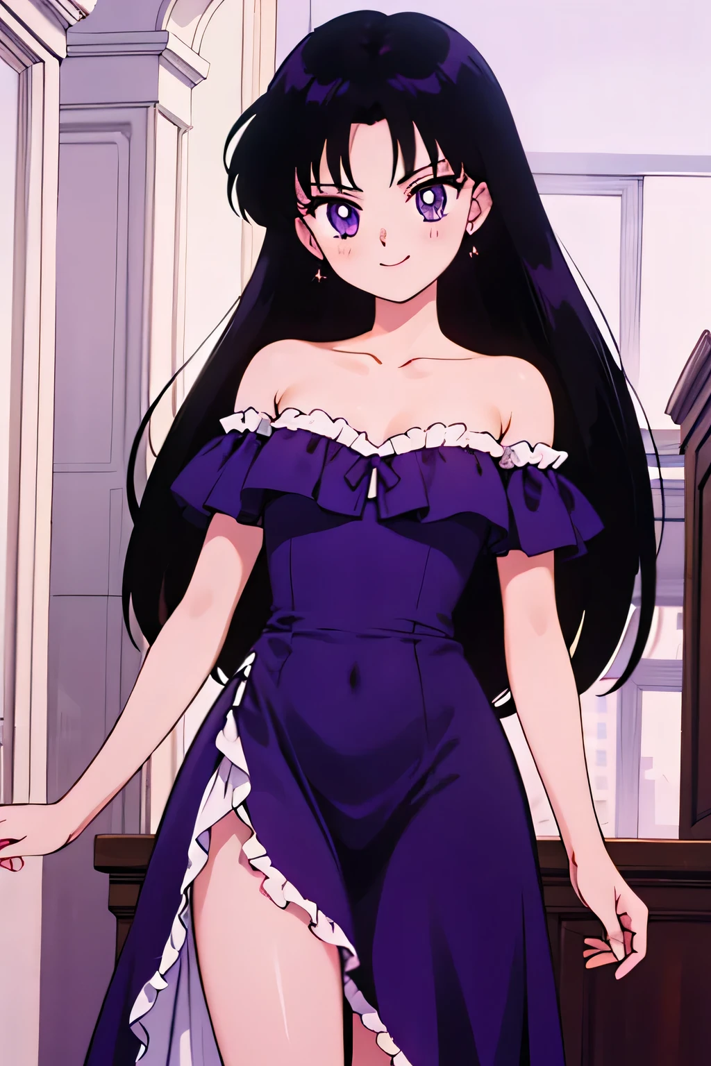 1 girl, solo, Rei Hino, Long Black Hair, Purple eyes, bare shoulders, strapless, off shoulders, white ruffle off the shoulder maxi dress, smile, ballroom, columns, cowboy shot, facing viewer, absurdres, ultra detailed, masterpiece, best quality, ager, window of a purple sundown, arms at sides.