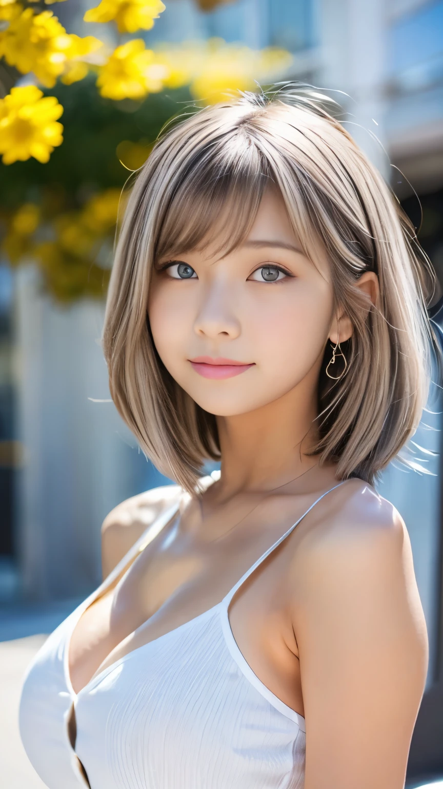 Sexy Big 、Sexy cute looks and cute  beautiful girl, beautiful and sexy face、A strong wind blows my hair in front of my face、With short platinum silver hair、beautiful, Cute and sexy eyes hidden behind long bangs、Colorful Dresses