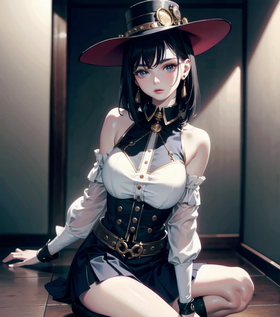 absurdres, RAW photo, extremely delicate and beautiful, masterpiece, Best Quality, ultra high resolution, 32k, hyperrealistic, ultra-detailed, detailed description, pale skin, 20 years old, detailed beautiful face and eyes, tearful mole, earring, Colossal tits, short medium hair, wavy hair, full body shot, alone, steampunk fashion, waistcoat, blouse, hat, boots, short skirt, bare shoulder,