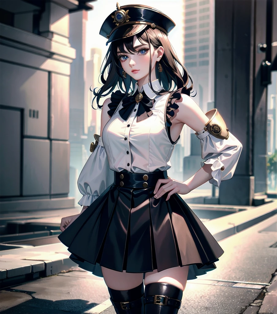 absurdres, RAW photo, extremely delicate and beautiful, masterpiece, Best Quality, ultra high resolution, 32k, hyperrealistic, ultra-detailed, detailed description, pale skin, 20 years old, detailed beautiful face and eyes, tearful mole, earring, Colossal tits, short medium hair, wavy hair, full body shot, alone, steampunk fashion, waistcoat, blouse, hat, boots, short skirt, bare shoulder,