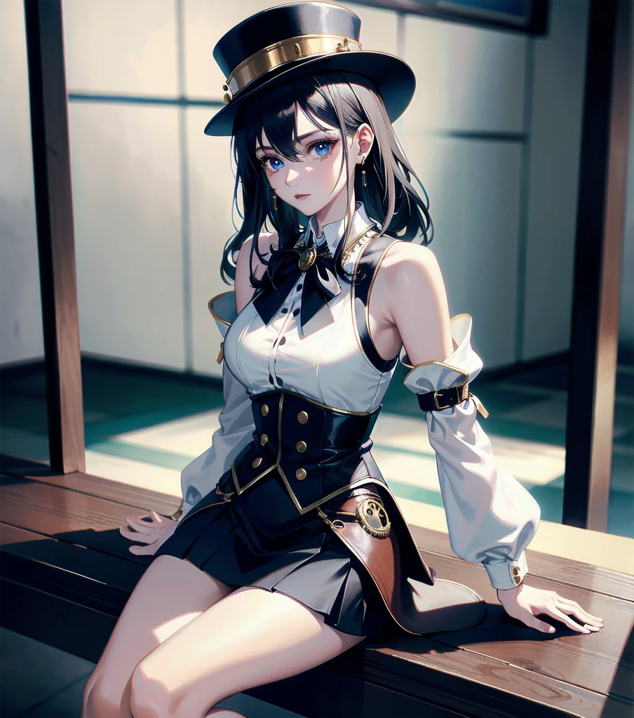 absurdres, RAW photo, extremely delicate and beautiful, masterpiece, Best Quality, ultra high resolution, 32k, hyperrealistic, ultra-detailed, detailed description, pale skin, 20 years old, detailed beautiful face and eyes, tearful mole, earring, Colossal tits, short medium hair, wavy hair, full body shot, alone, steampunk fashion, waistcoat, blouse, hat, boots, short skirt, bare shoulder,