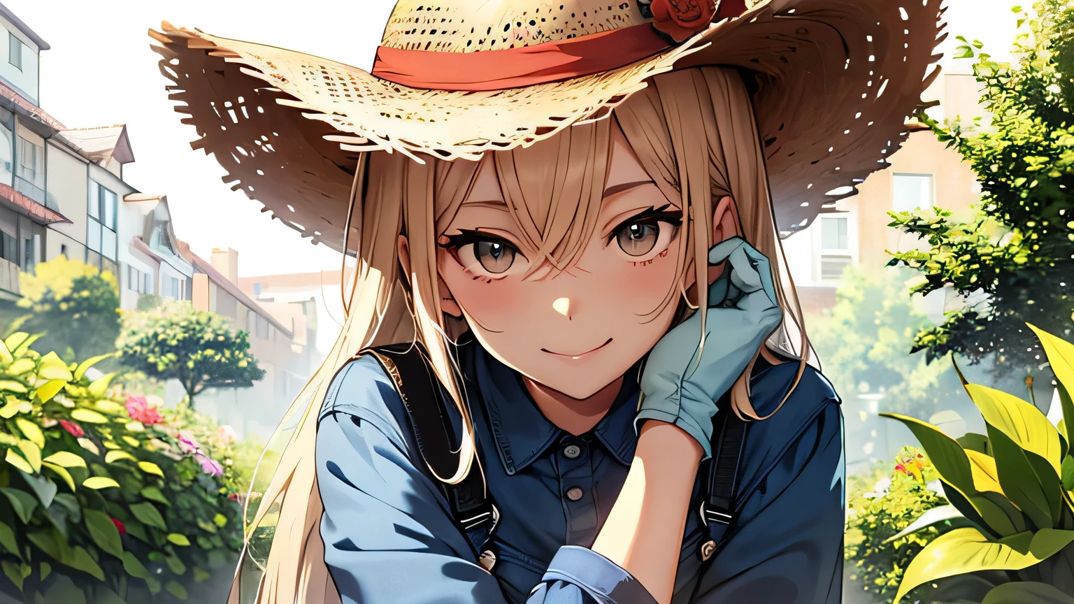 ((highest quality)), ((masterpiece)), (detailed), Perfect Face、garden、Weeding、Straw hat、Jumpsuit overalls、Gloves、smile、Sweat、whole body、