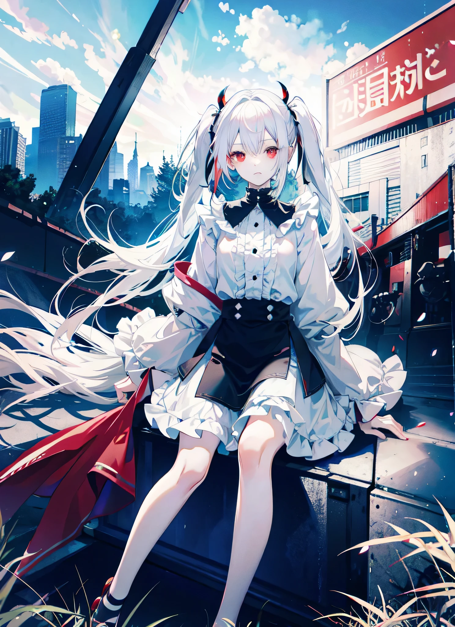white hair, red eyes,, cloudy sky, full body, grass,looking at viewer, wariza, twintails,front,silver hair, sit,