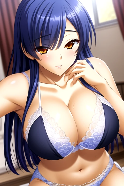Blue Hair, Orange eyes, (masterpiece:1.2), best quality, Game CG,high_detailed,extremely_detailed_CG_Unite_8k_wallpaper,illustration,high resolution,absurd,View, curtain, Light Particles, (1 Girl), (portrait), (Mature female:1.3),milf, beautiful fingers,Beautiful long legs,Beautiful Body,Beautiful nose,Beautiful character design, Perfect eyes, Perfect face, permanent, Looking at the audience, (Smile:0.8), Long hair, Adjust hair,,White underwear,White lace,white bra, white underwear, white lingerie