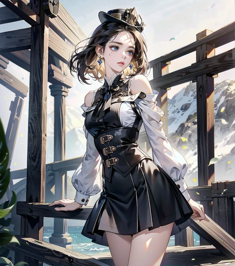 absurdres, RAW photo, extremely delicate and beautiful, masterpiece, Best Quality, ultra high resolution, 32k, hyperrealistic, ultra-detailed, detailed description, pale skin, 20 years old, detailed beautiful face and eyes, tearful mole, earring, Colossal tits, short medium hair, wavy hair, full body shot, alone, steampunk fashion, waistcoat, blouse, hat, boots, short skirt, bare shoulder,