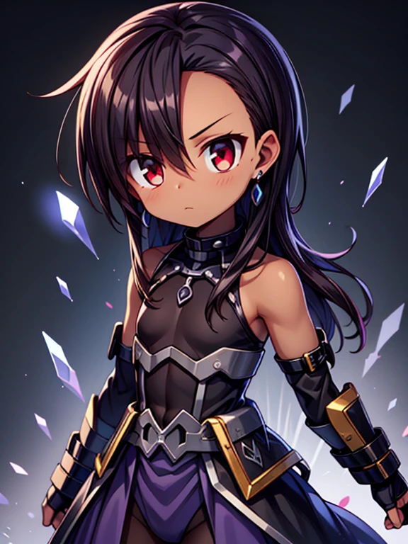 Magical girl lyrical nanoha, Masterpiece High res, high definition, (((dark skin tone))),dark skin male, dark skin, cute shota,red eyes, black hairpin, brown hair, medium dark brown hair,wearing a black exoskeleton, detached sleeves, black armoured Gauntlets, black tech jacket, black bodysuit,black exoskeleton, black fingerless gloves, blue gems,