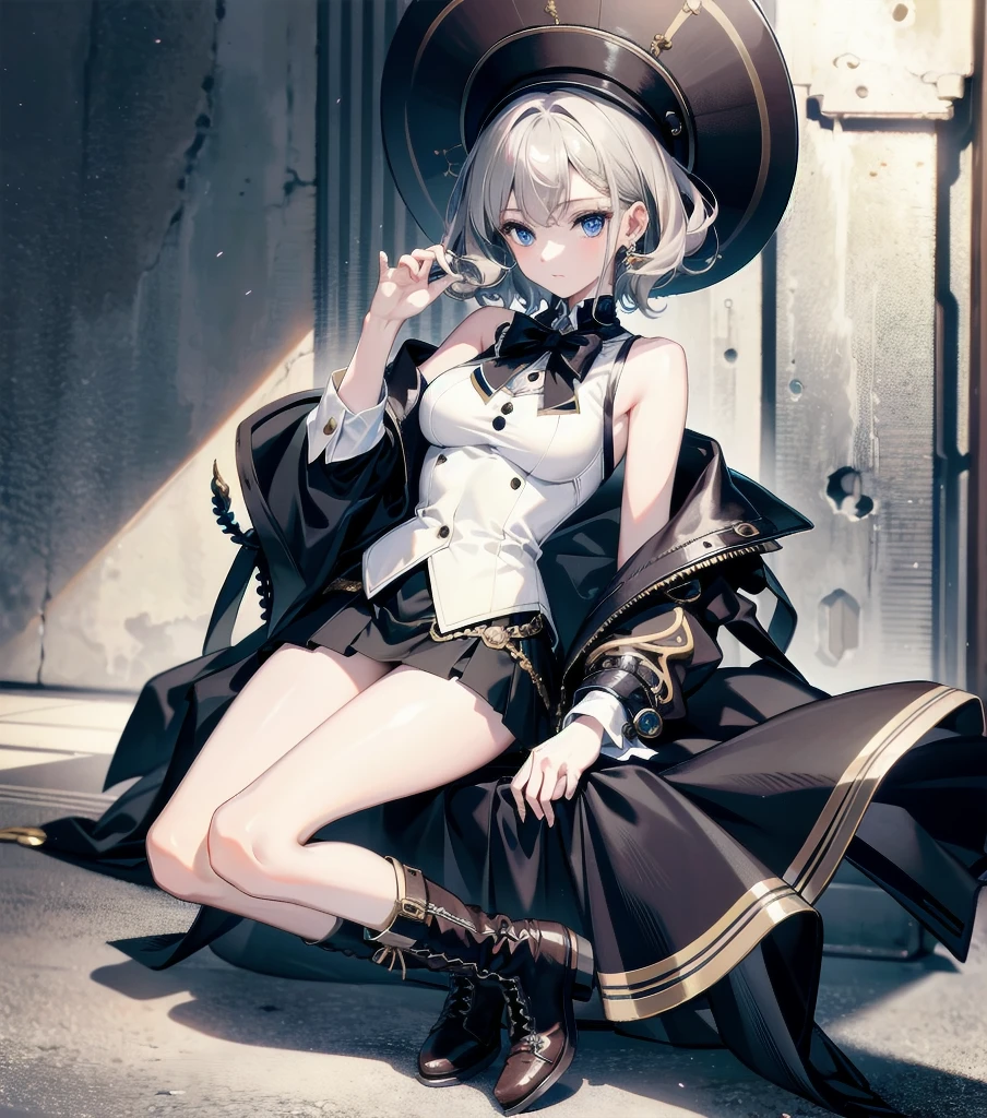 absurdres, RAW photo, extremely delicate and beautiful, masterpiece, Best Quality, ultra high resolution, 32k, hyperrealistic, ultra-detailed, detailed description, pale skin, 20 years old, detailed beautiful face and eyes, tearful mole, earring, Colossal tits, short medium hair, wavy hair, full body shot, alone, steampunk fashion, waistcoat, blouse, hat, boots, short skirt, bare shoulder,