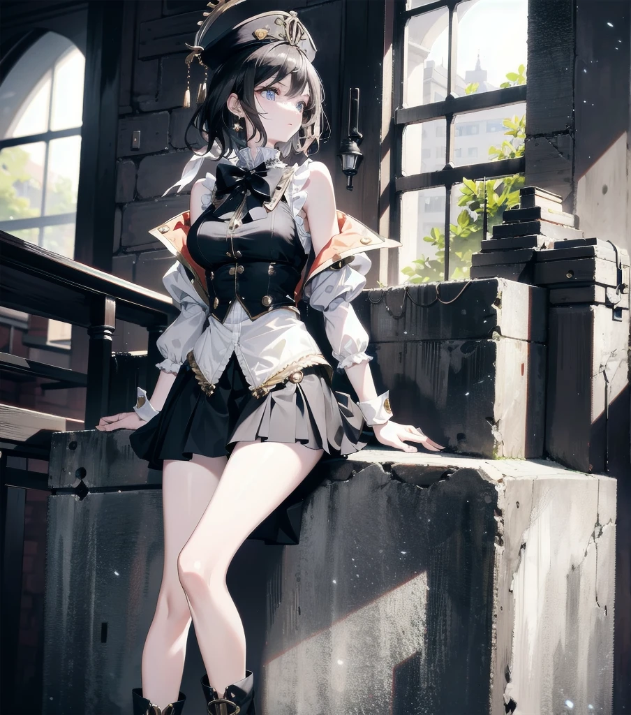 absurdres, RAW photo, extremely delicate and beautiful, masterpiece, Best Quality, ultra high resolution, 32k, hyperrealistic, ultra-detailed, detailed description, pale skin, 20 years old, detailed beautiful face and eyes, tearful mole, earring, Colossal tits, short medium hair, wavy hair, full body shot, alone, steampunk fashion, waistcoat, blouse, hat, boots, short skirt, bare shoulder,