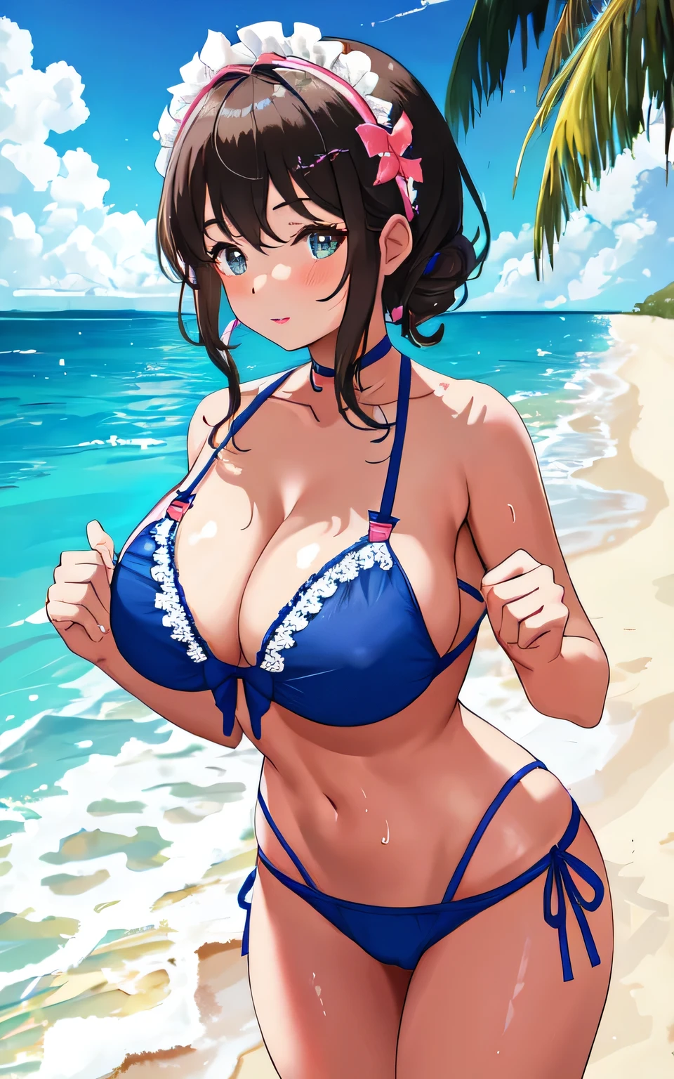 A 6 year old girl with huge breasts, wearing a lacy bikini swimming costume, on the beach, holding a man's penis in her hand, wearing a swim ring