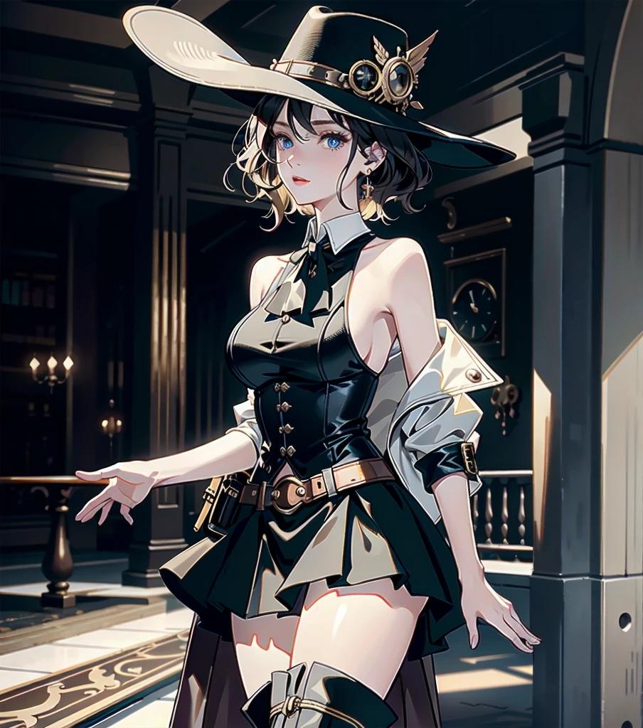 absurdres, RAW photo, extremely delicate and beautiful, masterpiece, Best Quality, ultra high resolution, 32k, hyperrealistic, ultra-detailed, detailed description, pale skin, 20 years old, detailed beautiful face and eyes, tearful mole, earring, Colossal tits, short medium hair, wavy hair, full body shot, alone, steampunk fashion, waistcoat, blouse, hat, boots, short skirt, bare shoulder,