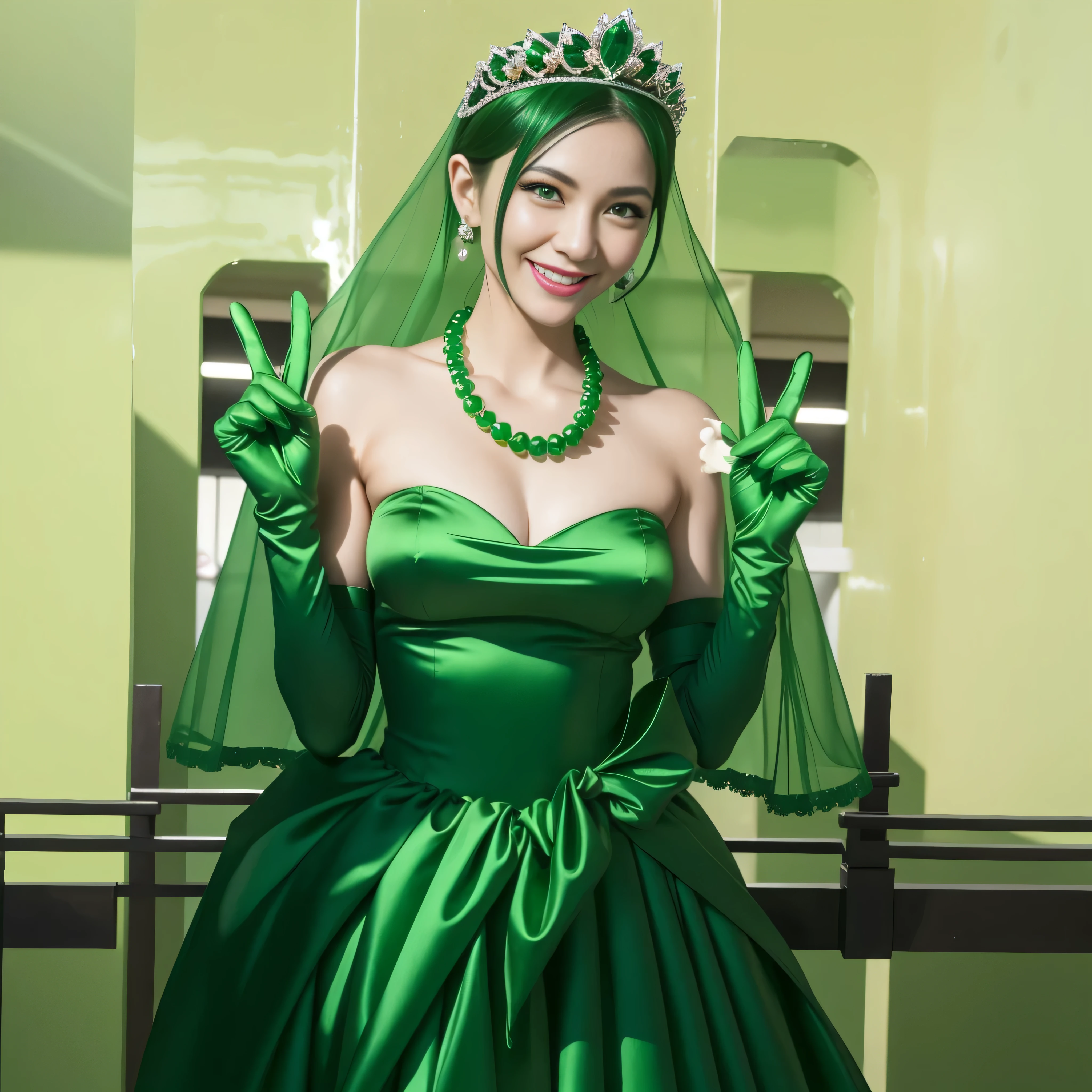 Emerald tiara, Green Pearl Necklace, Boyish very short green hair, lipstick, Smiling Japanese woman, Very short hair, Big tits beautiful, Green Eyes, Long green satin gloves, Green Eyes, v sign, Emerald Earrings, Green Veil