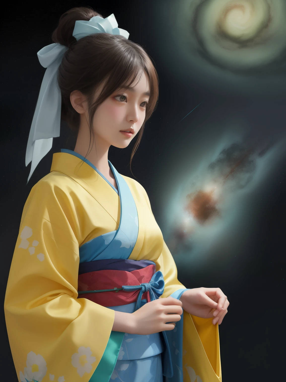 Cosmic Energy, Glow Wave, wallpaper, Miniature Core, Rust and electric green flakes, RTTX 10.0, Ordinary Japanese (girl:1.1) Attend a concert, Sky blue thin silk、Multiple white rabbit designs、Wearing a yukata with a yellow sash, Looking into the distance, A world where concept art and realism come together, Very detailed, Super detailed, There's a supernova explosion in the sky、A wearing a Japanese yukata