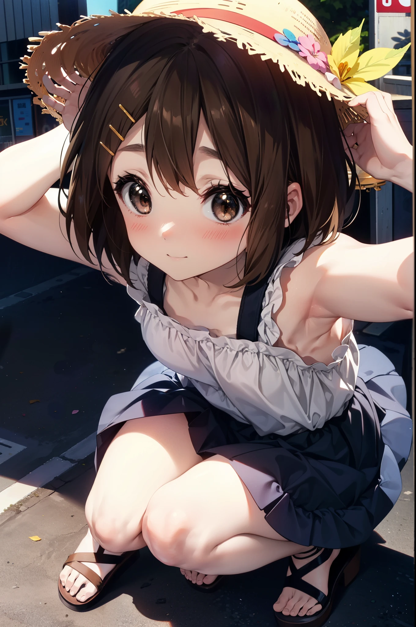 yuihirasawa, Yui Hirasawa, short hair, Brown Hair, hair ornaments, (Brown eyes:1.5), Hair Clip,smile,blush,Straw hat,Sleeveless dress,Long skirt skirt,Cute heeled sandals,True Summer,Daytime,Clear skies,So that the whole body goes into the illustration,
Destroy outdoors, In town,Building district,crowd, people々々,
壊す looking at viewer, Systemic
break (masterpiece:1.2), highest quality, High resolution, unity 8k wallpaper, (figure:0.8), (Beautiful fine details:1.6), Highly detailed face, Perfect lighting, Highly detailed CG, (Perfect hands, Perfect Anatomy),