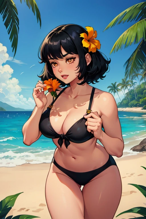 A black haired woman with orange eyes in a cute bikini is picking a tropical flower at the beach