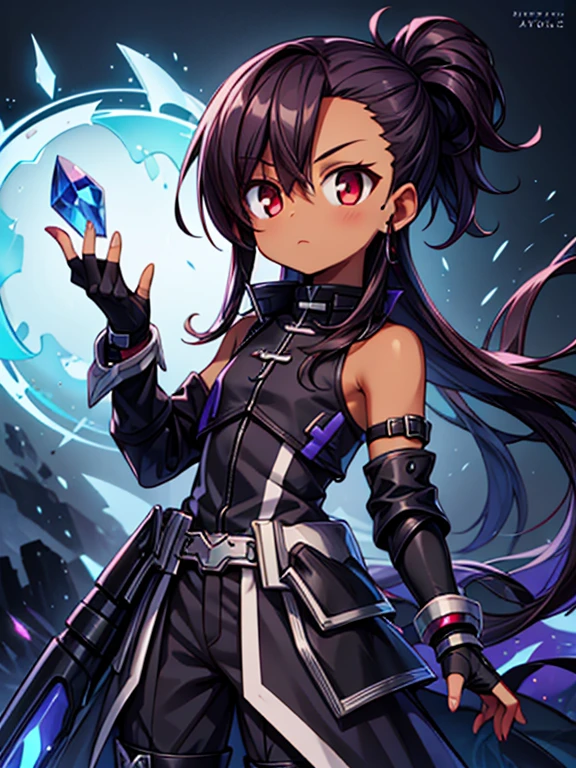 Magical girl lyrical nanoha, Masterpiece High res, high definition, (((dark skin tone))),dark skin male, dark skin, cute shota,red eyes, black hairpin, brown hair, medium dark brown hair,wearing a black exoskeleton, detached sleeves, black armoured Gauntlets, black tech jacket, black bodysuit,black exoskeleton, black fingerless gloves, blue gems,
