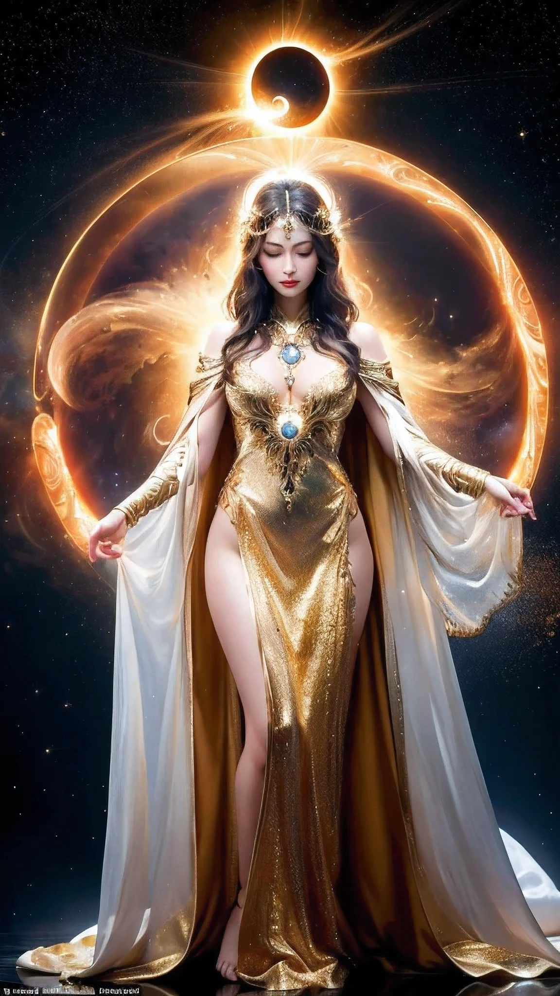 masterpiece, best quality, ultra detailed, realistic, alone, stunningly beautiful woman, full body shot, gorgeous intricately detailed dress,  golden ornaments, white cloak, Greek Mythology, fantasy, legendary existence, mythical world, meditation, symmetrical, divine halo, magic circle, solar eclipse, Nebula