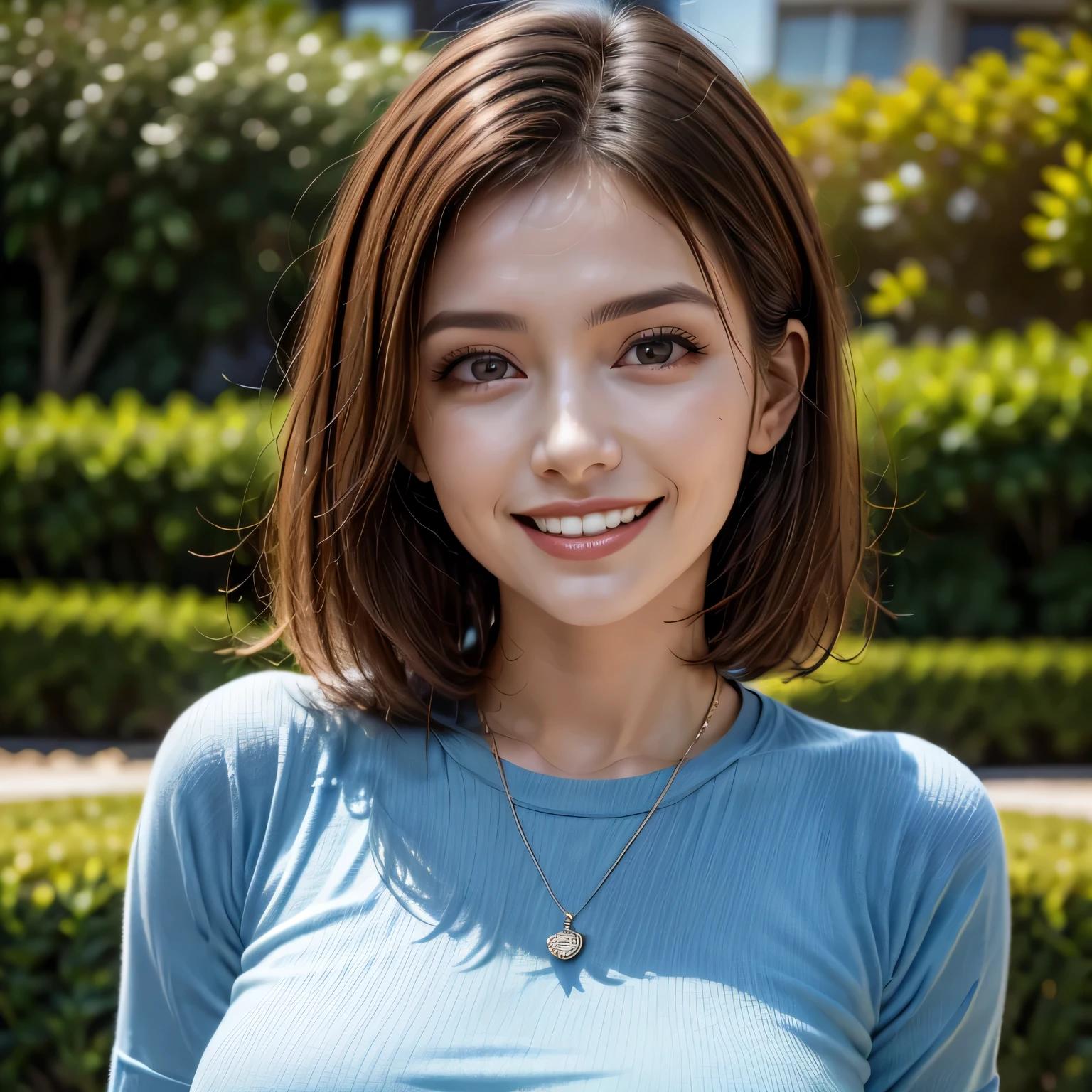 (8k, RAW Photos, highest quality, masterpiece, Realistic, Realistic), (1 female), (Ultimate beauty), Highly detailed face, (Perfect Teeth), Beautiful Eyes, double eyelid, eyelash, smile, Lip details, Brunette Bob, The light shines on your face, Big Breasts, ((T-Shirts)), (Upper Body), (background: garden), ((Written boundary depth))