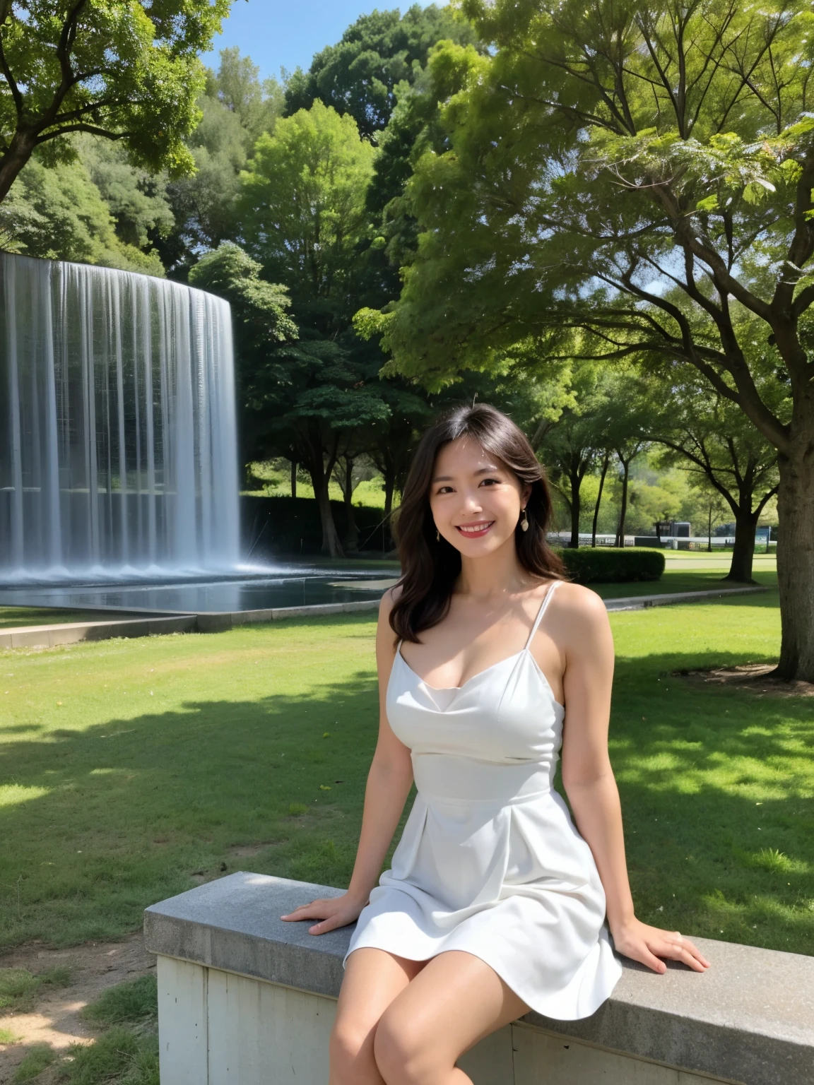最high quality, In 8K, Masseter region, Vibrant, Sharp focus, high quality, High resolution, Detailed face, fine grain, Thick lips, (Looking at the audience), alone, Beautiful woman, 38 years old, Japanese women, (Very short black hair:1.4)、(Bob Hair:1.4), Cleavage, Lunch break、Large city park、Green Grass、In front of a big fountain、(sitting on a park bench:1.3)、(Full body photo:1)、(White Formal Dress:1.5)、(Knee length dresses:1.5)、(Black pumps:1.5)、(Red lipstick:1)、(smile:1.3)、(Standard body type)、(D cup breasts)