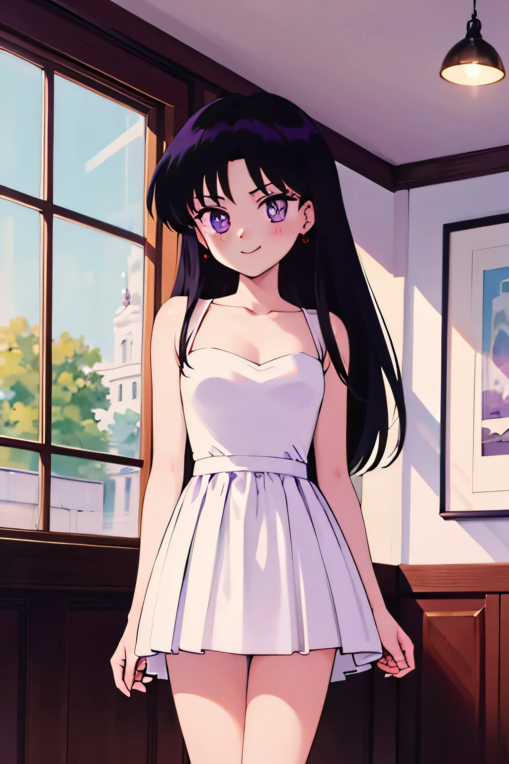 1 girl, solo, Rei Hino, Long Black Hair, Purple eyes, bare shoulders, off shoulders, strip sleeveless white dress smile, ballroom, columns, cowboy shot, facing viewer, absurdres, ultra detailed, masterpiece, best quality, Teenager, window of a purple sundown, arms at sides.