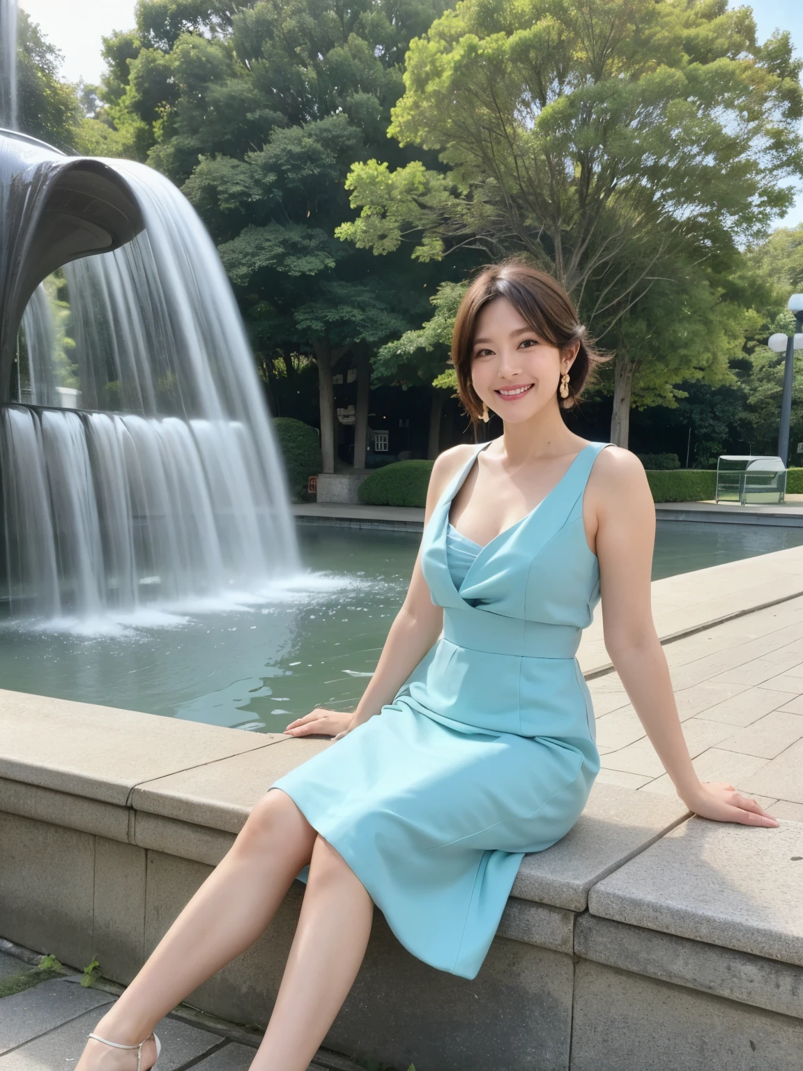 最high quality, In 8K, Masseter region, Vibrant, Sharp focus, high quality, High resolution, Detailed face, fine grain, Thick lips, (Looking at the audience), alone, Beautiful woman, 38 years old, Japanese women, (Short black hair:1.4)、(Bob Hair:1.4), Cleavage, Lunch break、Large city park、Green Grass、In front of a big fountain、(sitting on a park bench:1.3)、(Full body photo:1)、(light blue formal dress:1.5)、(Knee length dresses:1.5)、(Black pumps:1.5)、(Red lipstick:1)、(smile:1.3)、(Standard body type)、(D cup breasts)