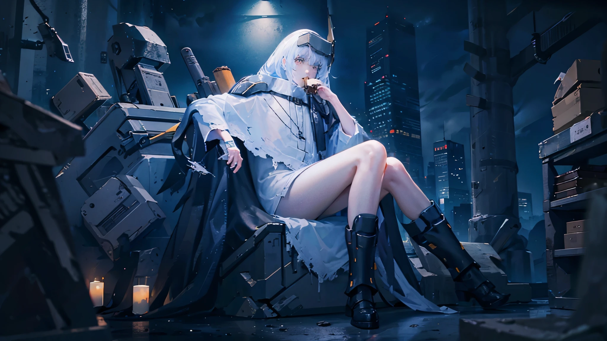 yellow eyes, white hair, long hair, headgear, mechanical boots, cloak, bare legs, single pauldron,Collapsed ruins, gray atmosphere, gray, blue, black, sitting, tablet, holding tablet, looking at tablet, eating chocolate energy bar, survival, dark atmosphere,hair reaching down to the ribs