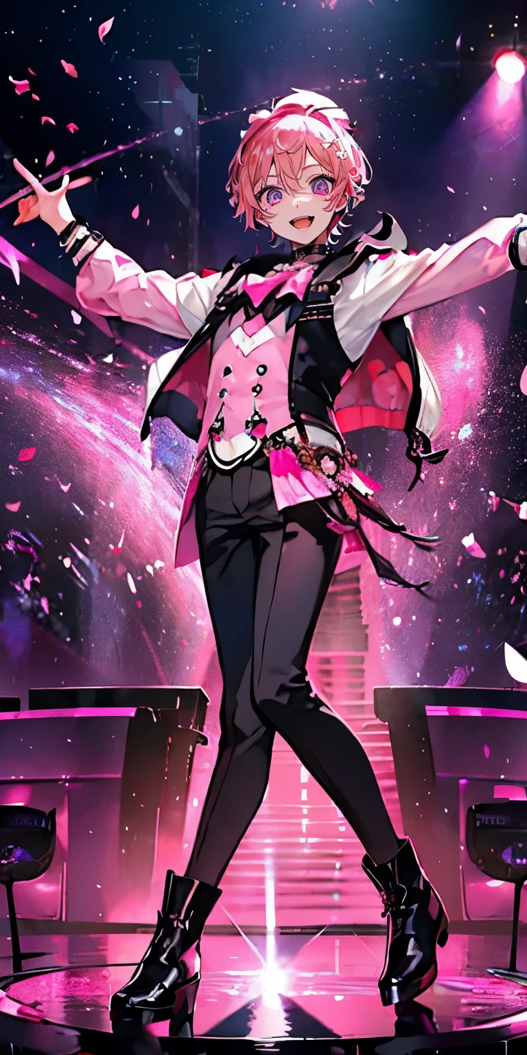 (Mastepiece), (Best Quality), Very detailed, ((1 boy)), Perfect Face, Beautiful Face, Very detailedな顔，((Pink Hair_short hair_Pink Eyes:1.3))，Full body photography、Male solo idol、Gorgeous idol costumes、Cape、boots、(pants:1.2)、(Hold the microphone)、stage、Concert Dome、Lots of confetti、(smile:1.4)、(Open your mouth wide)、sing、dance、Wink、Laser light、Spotlight