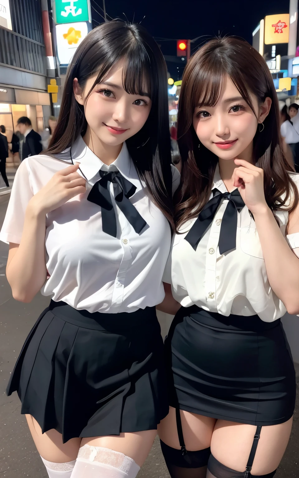 lure、lure、lure、レースのパンティーにlureされて、lureポーズ、Sexy pose、Sexy thighs、High angle shot、Center View、Standing in the neon city at midnight、White short sleeve shirt、Two Arabic Asian women doing the satin shimmy、Excellent:1.2、lureの表情:1.3、Medium Chest、Breast enlargement、Amazingly cute girl、Japanese Girls、Wearing a lace slip shimmy、Surreal 、Surreal 、 stop temporarily、Whole Body Ezbian、Nice skin、Glowing Skin、Nice thighs、Shiny thick knee socks、Japanese High School 、Nogizaka Idol、(Japanese High Schoolの)、Please put it inside、Inviting eyes、White blouse、Dark Blue Skirt、Black Stockings