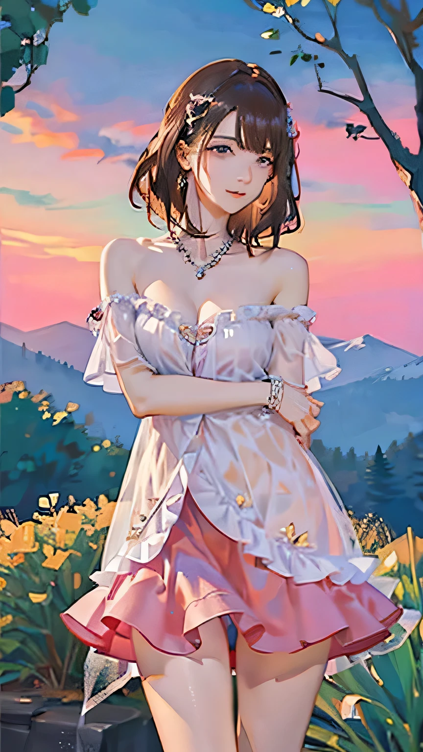 (highest quality, High resolution), Glowing Eyes, Delicate facial features, Vibrant colors, Dreamy atmosphere, Fantasy Theme, Floral Background, Graceful Movement, Detailed clothing, loose fitting dress, Elegant fashion, Magic lighting, Mysterious Aura, Heavenly Beauty, Magic thread, Whimsical elements,Big Breasts、Red attire、Colorful costumes、lingerie、Purple outfit