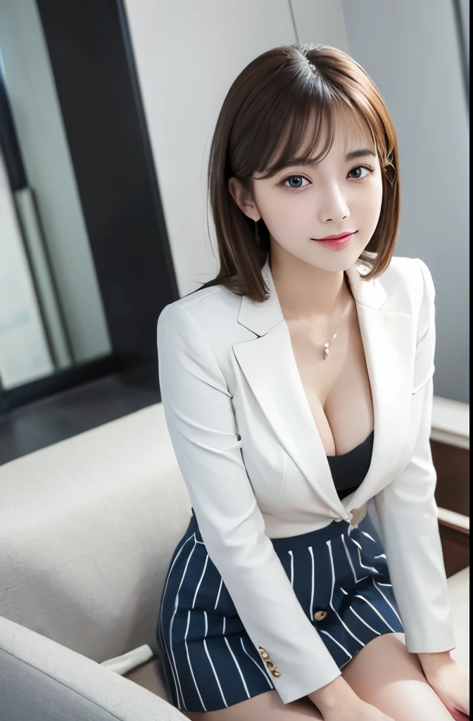Angle from below、window、Woman with M-shaped legs spread、office、Change of clothes、Layer cut hair、Striped white suit、Short skirt、beauty secretary、Cleavage(Very large breasts、Very thin and long legs、Perfect figure、High heels、whole body、smile)、1 female、No makeup、23 years old、(masterpiece、8K,RAW Photos、High resolution:1.4)、The soft look enhances the calm expression of a woman.。