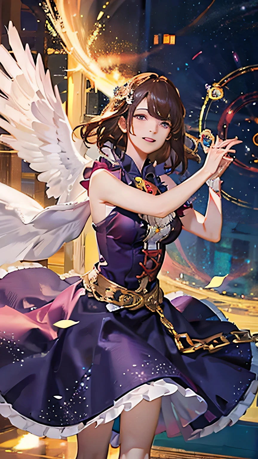 (highest quality, High resolution), Glowing Eyes, Delicate facial features, Vibrant colors, Dreamy atmosphere, Fantasy Theme, Floral Background, Graceful Movement, Detailed clothing, loose fitting dress, Elegant fashion, Magic lighting, Mysterious Aura, Heavenly Beauty, Magic thread, Whimsical elements,Big Breasts、Red attire、Colorful costumes、lingerie、Purple outfit
