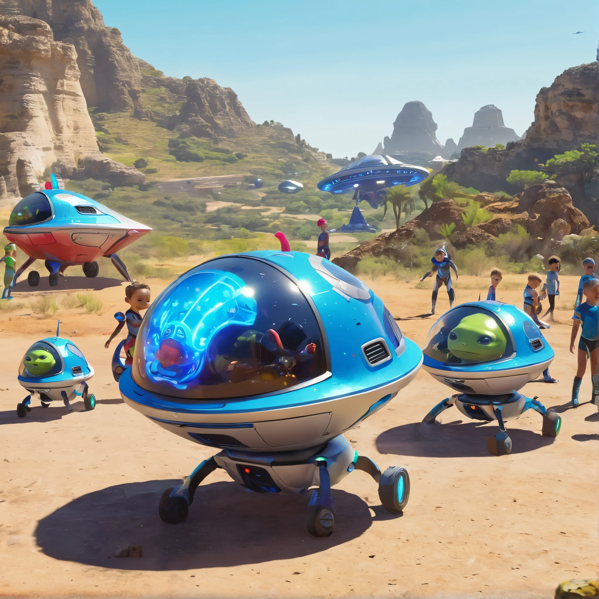 a group of cute little kids competitors, lindos, meet at the starting point on the planet Nexus, where they encounter a crowd of onlookers from different alien races. Each alien kid proudly displays his unique spaceship and prepares for the challenge ahead.